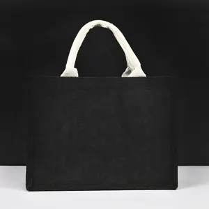 Toptan yüksek kalite siyah çuval bezinden çanta baskı logosu jüt çanta taşınabilir büyük kapasiteli Tote çanta