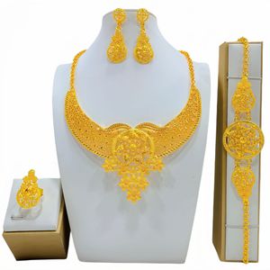 Ethnic Gold Plated Jewelry <b>Set</b> Necklace Earrings Ring <b>Bracelet</b> Wedding Women's Fashion Floral Design 22k Plated - Product Image 5