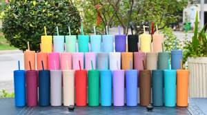 Vasos delgados de acrílico de doble pared de 16 oz, coloridos, mate, multicolor, con tapas y pajitas, personalizados al por mayor - Product Image 2