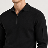Pull Polo Homme Personnalisé à Manches Longues, Col Zippé, Maille Fine, Coudes Côtelés, Style Rétro Élégant, Chic Décontracté, Automne Hiver