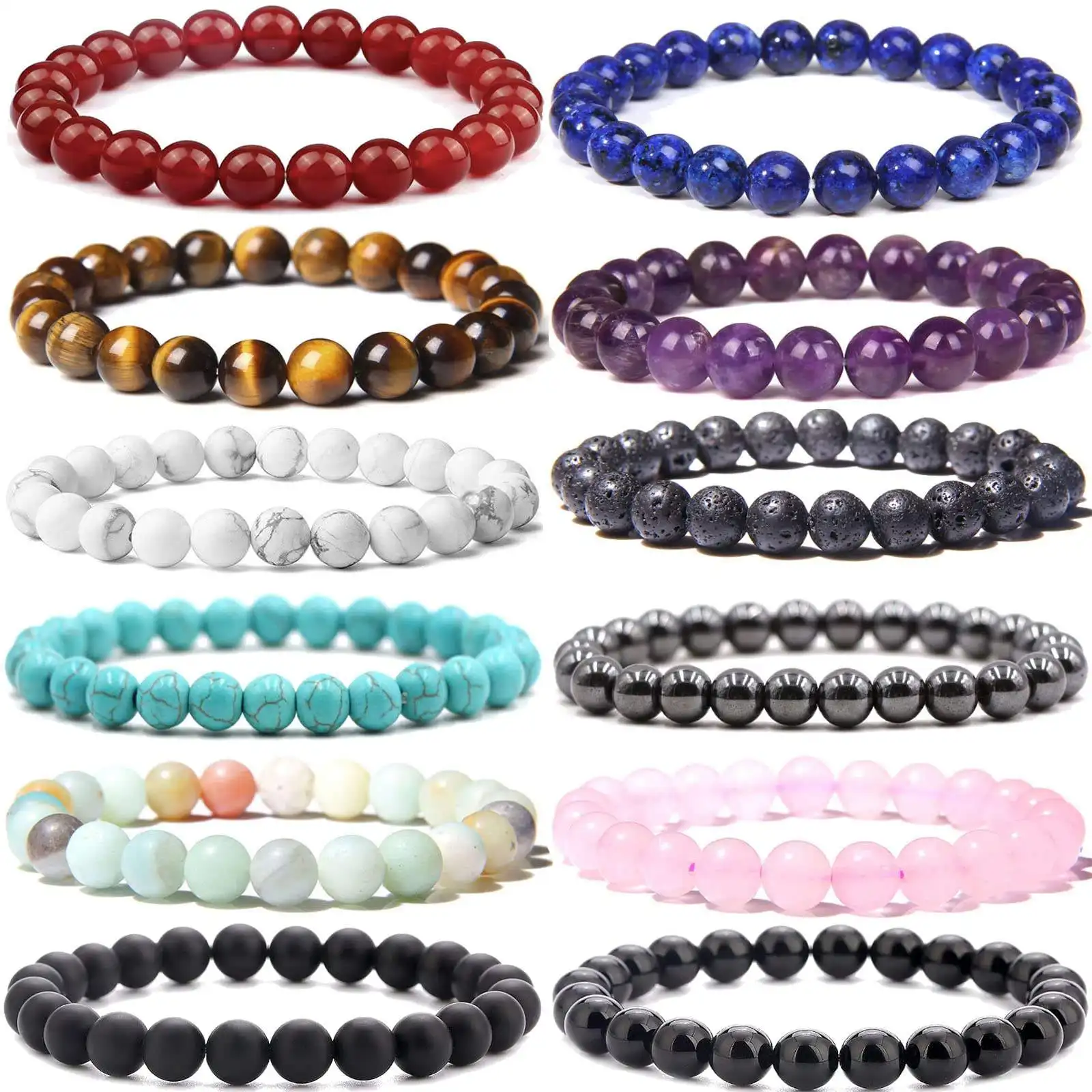 Natural Gemstone 8mm Custom Charm Stretch Bangles 7 Chakra Healing Crystal Stone Beads Bracelets For Woman