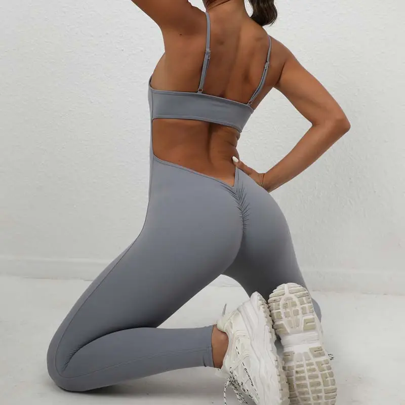 Nude Grey Black Elastic Gymnasium Jogging Exercise Workout Fitness Gym Wear Women Soft OEM One-Piece Onsie Woman Sports Jumpsuit