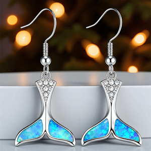 Cute <strong>Fish</strong> Tail Pendant Drop <strong>Earring</strong> Blue Fire Opal Stone Mermaid Dangle <strong>Earrings</strong> for Women Vintage <strong>Silver</strong> Color Wedding Jewelry - Product Image 2
