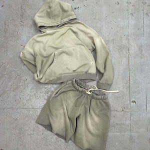 Custom Men's Two-Piece Jogging Tracksuit High Quality Acid Washed Sun Faded Terry Sweat Suit With Vintage Hoodie And Shorts <strong>Set</strong>