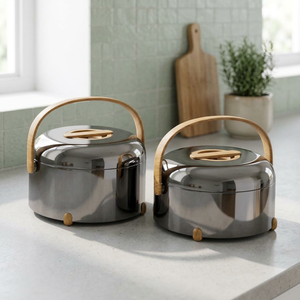 Casserole ronde minimaliste en acier inoxydable avec poignée en bois, récipient isotherme pour aliments - Product Image 6