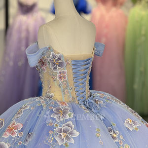 For 1343 Elegant Blue Illusion Flower Pearls <b>Quinceanera</b> 15 Xv Anos Floor-Length Ball Natural Crystal Beading Appliques - Product Image 6