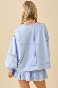 Sweat-shirt décontracté pour femmes en gros, tendance, rose, manches longues, dentelle, patchwork, manches lanternes - Product Image 4