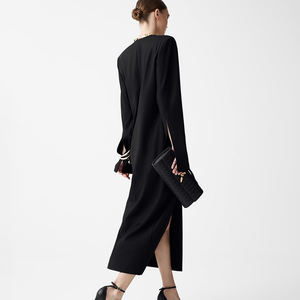 Abito <span class=keywords><strong>Lungo</strong></span> <span class=keywords><strong>Nero</strong></span> <span class=keywords><strong>con</strong></span> Zip Posteriore, Spalle Imbottite, Maniche Lunghe, Scollo a V Profondo e <span class=keywords><strong>Spacco</strong></span> - Product Image 3