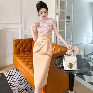ZYHT 10345 модное индивидуальное платье с воротником-стойкой и короткими рукавами, кружевное лоскутное платье с высокой талией в китайском стиле