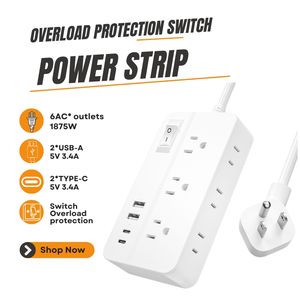 Cable de Extensión con Protección Contra Sobrecargas y Sobretensiones, 6 Tomas de Corriente, 4 Puertos USB, Enchufe Angulado Delgado, ABS y PC, 15A 125V, Certificado C SA, para Uso Doméstico y Comercial - Product Image 1