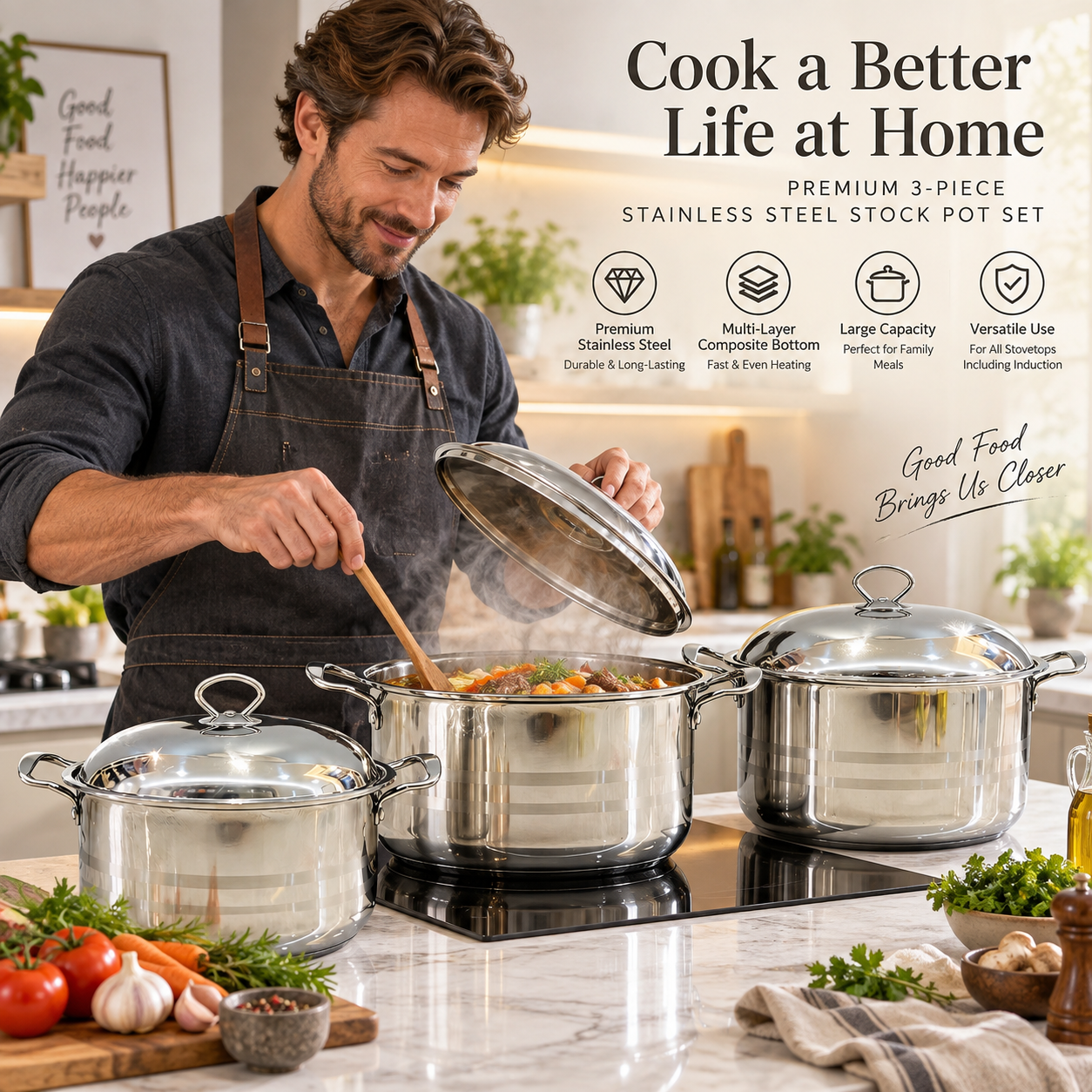 Wholesale Stainless Steel Compound Bottom Big Edge Pot Set 3Pcs 5Pcs 7Pcs, Double Handle Stock Pot With SS Lid, OEM Cookware Set · image 6