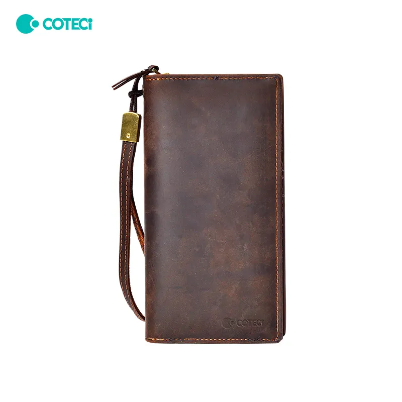 COTECi dompet kulit sapi pria, tas genggam ritsleting kapasitas besar dengan fitur anti air lapisan kulit portabel panjang