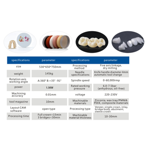 Fresadora Dental de 5 ejes <span class=keywords><strong>CAD</strong></span>/<span class=keywords><strong>CAM</strong></span> de corte estable de Zirconia PEEK PMMA, placa de cera, fresado en seco - Product Image 6