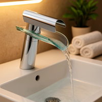 Robinet de salle de bain en laiton à bec en verre, monotrou, à capteur sans contact, monocommande, avec cartouche céramique, finition polie, style cascade moderne, pour chambre