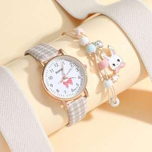 Nuevo Reloj de Aleación para Niñas con Correa de Patrón Sencillo y Combinable, Movimiento Digital XSVO + Pulsera de Cuentas con Conejito Adorable - Product Image 1