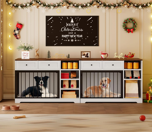 Grande caisse pour chien Chenil intérieur en bois avec 2 tiroirs et 4 étagères, caisse pour chien Meuble TV Cage Blanc - Product Image 3
