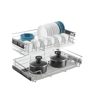 Organisateur de rangement de cuisine moderne à 2 niveaux, accessoires de placard coulissant avec tiroir extractible en métal et panier en fil métallique - Product Image 4