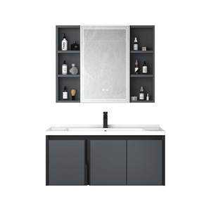 Mueble de Baño de Titanio Italiano Montado en la Pared, Gabinete de Aluminio Gris con Diseño de Panal, Lavabo de Cerámica - Product Image 3