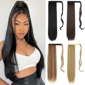 Synthetic Long Straight Ponytail Wrap Around Clip In Hair Extensions Natural Hairpiece Fiber Black Blonde Fake Hair Pony Tail