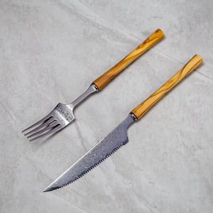 Ensemble de 2 pièces en acier Damas, couteau et fourchette pour cuisine occidentale, spécialement conçu pour couper les steaks, ensemble de couteaux de cuisine - Product Image 1