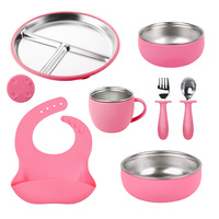 Ensemble de vaisselle manuel en acier inoxydable 304 pour enfants et bébés, avec assiette à ventouse, bol, tasse, cuillère, fourchette et bavoirs en silicone pour l'alimentation et le sevrage