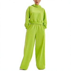 Ensemble de survêtement vert citron pour femme, haut à capuche à manches longues, pantalon large, tenue décontractée ample - Product Image 1