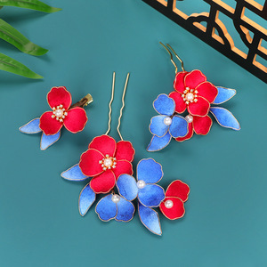 Nouvelle Épingle à Cheveux Style Antique 2025 au Design Original, Fleur Faux Cloisonné avec Fleurs Rouges et Bleues, Faite à la Main et Enroulée de Fil - Product Image 1