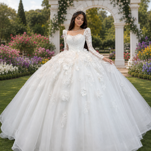 Lscm96 Elegant Ivory Princess Bridal Gown Illusion Long Sleeve Lace Corset <b>Wedding</b> Dress 3D Flower Applique Jancember - Product Image 1