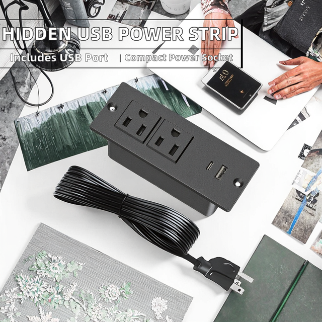 Small Recessed Hidden Power Strip with USB Ports (1 Type-C 1 A) 1.5m US Plug Extension Socket