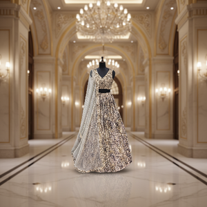 ชุดเลเฮนกาประดับเลื่อมหรูหราสำหรับผู้หญิง ชุดงานแต่งงาน ชุดออกงานดีไซเนอร์สไตล์ชาติพันธุ์ พร้อมผ้าคลุมไหล่ - Product Image 3