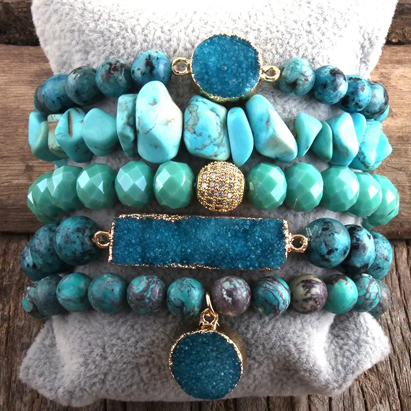 Moda feminina Boho Jóias Contas de vidro de Cristal Natural Gemstone Druzy Charm Bracelet & Bangle 5pc Pilha Pulseiras Conjuntos