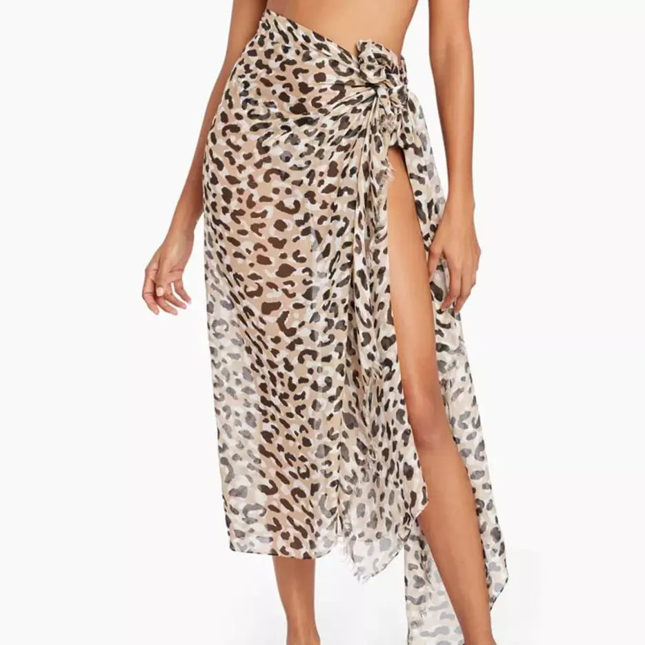 Oem Swimwear Beachwear Custom Leopard Print Pareo Scarf Shawl Breeze Wrap Beach Dress