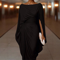 Robe longue plissée moulante à col halter asymétrique et manches chauve-souris, taille définie, coupe ajustée, automne, tailles XS-2XL, vente en gros