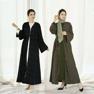 Nieuwste Islamitische Kleding Dubai Islamic Eid Bescheiden Abayas Kimono Voor Moslim Vrouwen Jurk Met Stikpatroon Zwart Open Abaya