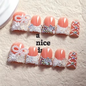 TSZS 10 <span class=keywords><strong>Uñas</strong></span> Postizas de Pato Hechas a Mano, Color <span class=keywords><strong>Rosa</strong></span> Nude Brillante, Cobertura Completa, Acrílicas, con Decoración de Diamantes de Imitación de Lujo - Product Image 6