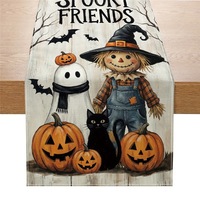 Polyester Halloween Tischläufer mit Kürbis, Schwarzer Katze, Geist und Vogelscheuche Bedruckte Tischdecke für Feiertage, Esstisch, Party und Küchendekoration