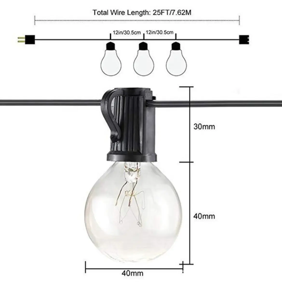 Đèn Dây 25FT Với 25 Chiếc Bóng Đèn Trong Suốt G40 Dây Đen Trang Trí Vòng Hoa