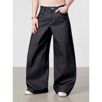 Jean en denim brut vintage 15 oz pour homme, taille mi-haute, non lavé, coupe ample, noir, avec broderie personnalisée et selvedge
