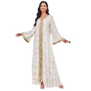 Dubai Vintage Floral A-Line Robe Middle East Evening Dress With Flower Gilded Waist Bottom-Grabbing Party Style By Muslim Dress