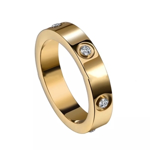 Anillo de 4 mm de Ancho con <span class=keywords><strong>6</strong></span> Diamantes, Anillo de Circonio, Joyería Clásica de Moda, Anillos de Diamantes de Acero Inoxidable Dorado - Product Image 6