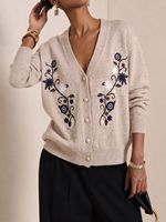 Cardigan en tricot marron brodé floral pour femme, col en V, boutonnage frontal, manches longues, coupe décontractée, pull tricoté pour femme, vêtement d'extérieur