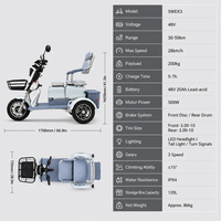 Tricycle électrique motorisé 48V 500W, scooter électrique à 3 roues, 2 places, panier de rangement, autonomie 30-50 km, carrosserie ouverte, adulte, personne âgée