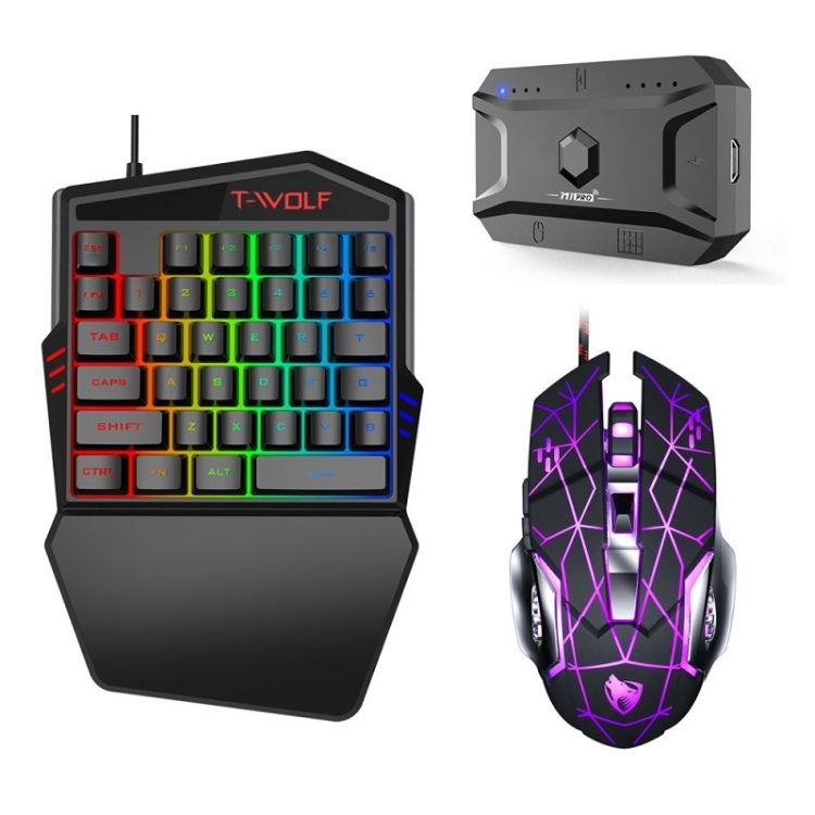 T-WOLF TF900 One-Handed Gaming Keyboard & Mouse Set | Wired RGB Combo with "Throne" Converter Stand for Mobile Gaming (Kuwait)