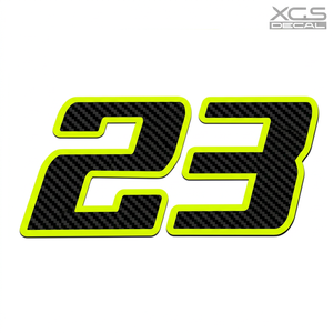 Autocollants décoratifs pour <span class=keywords><strong>moto</strong></span> et voiture en fibre de carbone noir avec bord jaune fluorescent, numéros numériques personnalisés - Product Image 1