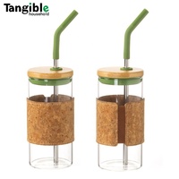 Gobelet en verre avec couvercle en bambou et manchon en silicone, grande capacité de 500 ml, réutilisable, pour les boissons de voyage, bouteilles d'eau, gobelet à café, paille classique