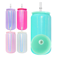 Verre à bière holographique iridescent scintillant de 16 oz, prêt à être expédié, avec couvercle en plastique et paille, idéal pour la sublimation