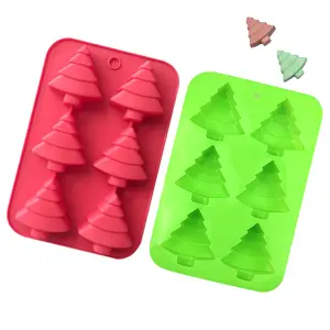 Molde de silicone para árvore de natal, verde e vermelha, 6 buracos para bolo