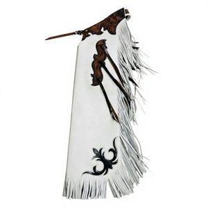 Chaps de Rodeo en Cuir Western pour Homme avec Franges Blanches, Motif Floral Gravé à la Main et Coutures Décoratives – Chaps d'Équitation Cowboy - Product Image 1