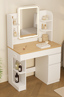 Coiffeuse compacte en panneau de bois avec éclairage LED, miroir réglable, rangement et prise de courant dissimulée – Idéale pour chambre et salon moderne