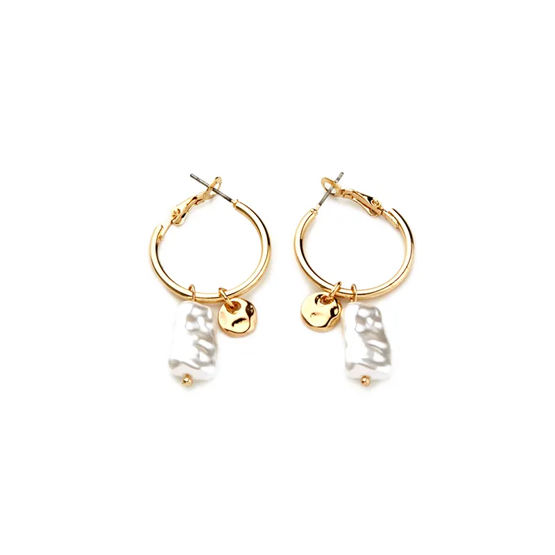 Gold plated hoop with alloy disc baroque pearl charm clip on earrings